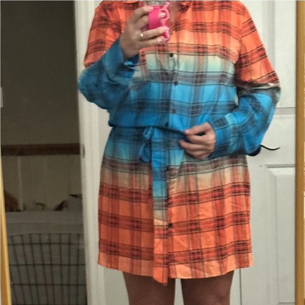 Vibrant Plaid Shirt Dress in Orange and Blue